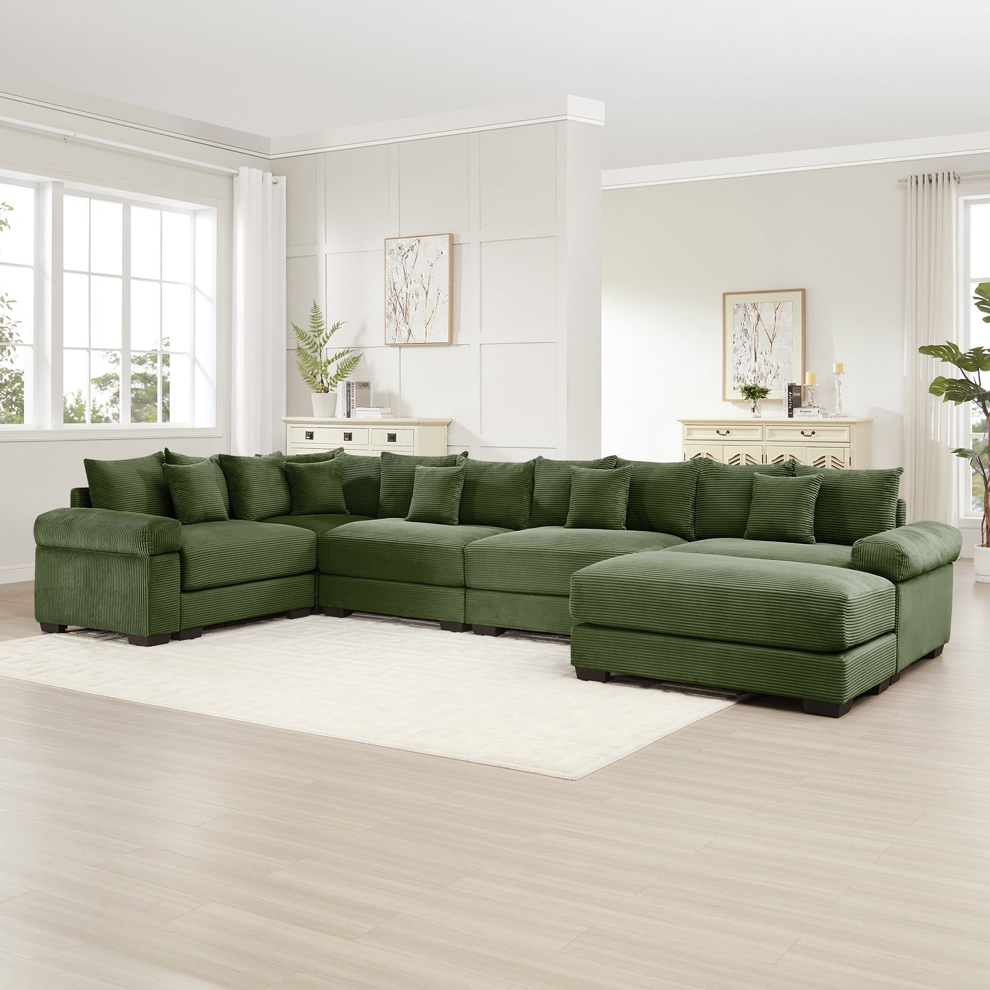 Oversized Cloud Modular Sectional Couch,Convertible Sectional Couches,Extra-Wide Armrests With An Ottoman,Premium Corduroy Fabric,Ergonomic Design, Easy Assembly, For Living Rooms Study,Green image 2