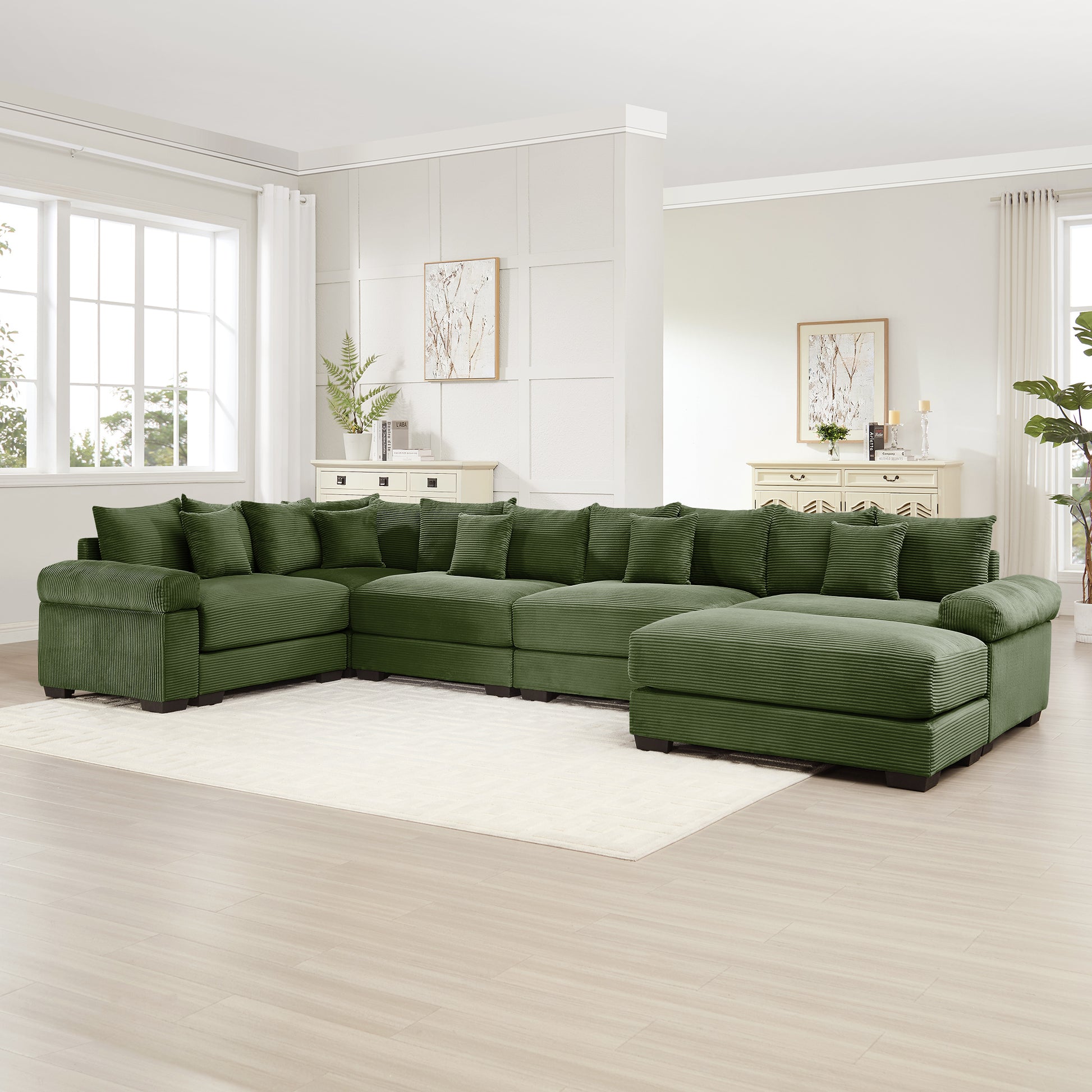 Oversized Cloud Modular Sectional Couch,Convertible Sectional Couches,Extra-Wide Armrests With An Ottoman,Premium Corduroy Fabric,Ergonomic Design, Easy Assembly, For Living Rooms Study,Green image 2