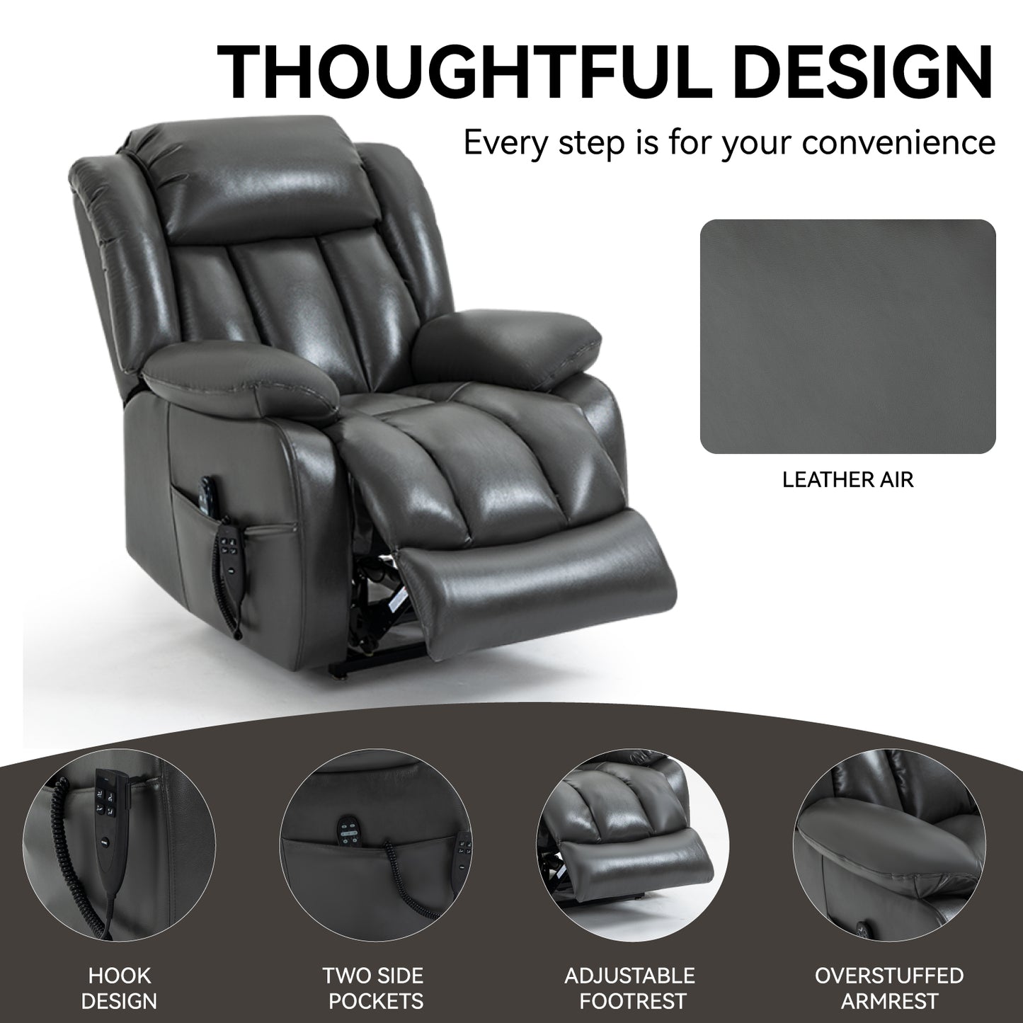 Dual Motor Infinite Position Up to 350 LBS Electric Medium size Leatheraire Grey Power Lift Recliner Chair with 8-Point Vibration Massage and Lumbar Heating image 10