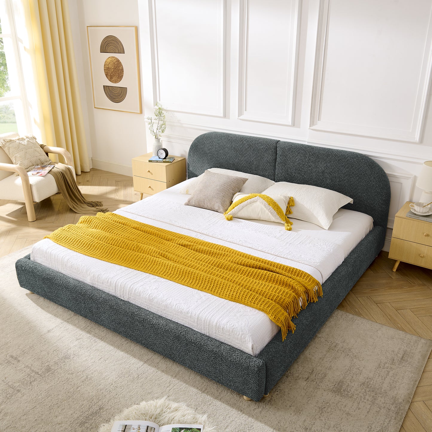 King Size Upholstered Bed Frame, Modern Minimalist Style with Tall Curved Headboard, Premium Circle Yarn Fabric & Sturdy Leg Support, Mattress Not Included-Dark Gray image 2