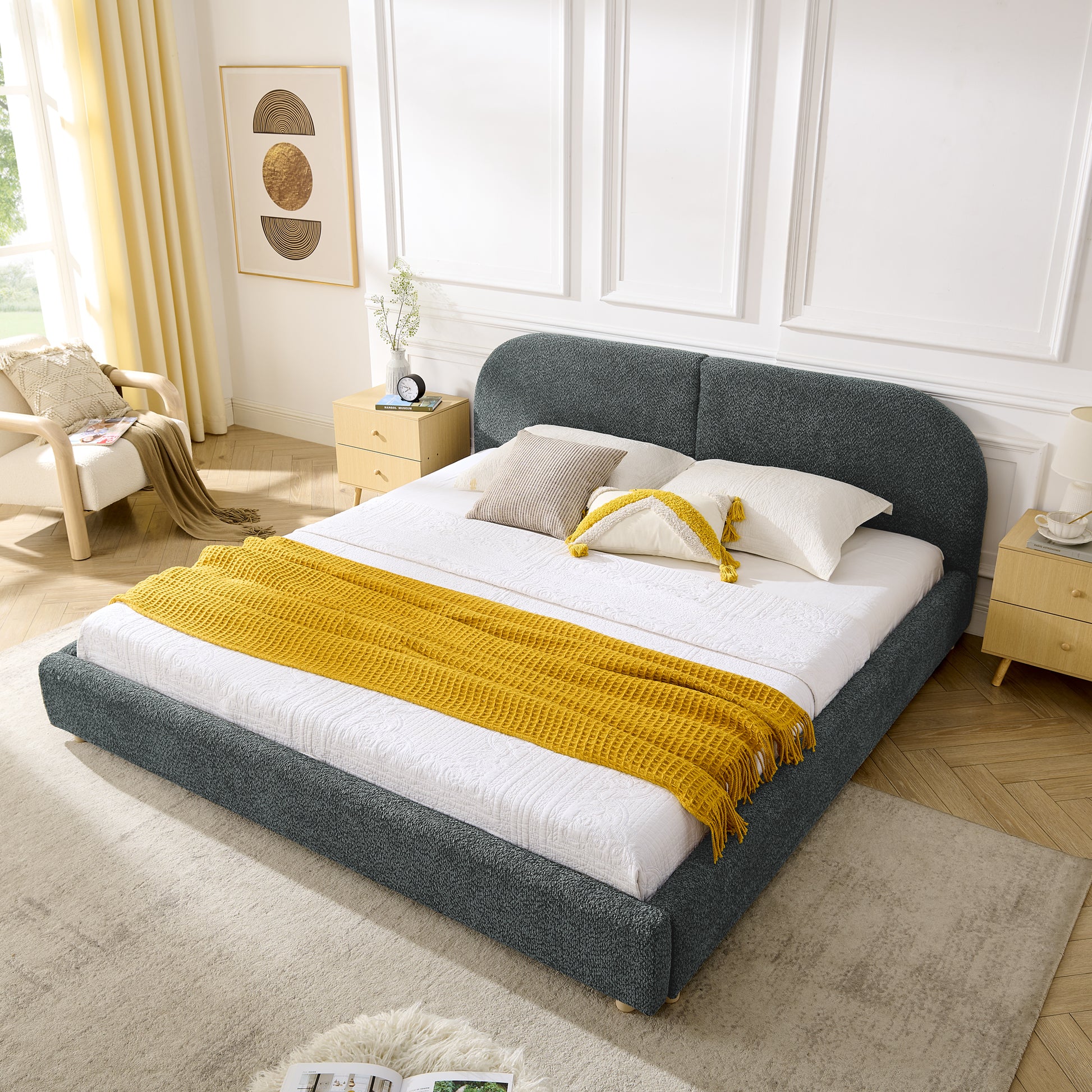 King Size Upholstered Bed Frame, Modern Minimalist Style with Tall Curved Headboard, Premium Circle Yarn Fabric & Sturdy Leg Support, Mattress Not Included-Dark Gray image 2