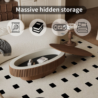 47'' Oval Coffee Table with Storage Solid Wood Veneered Modern Coffee Table Accent Tea Table for Living Room, Bedroom, Apartment or Office, Walnut image 9