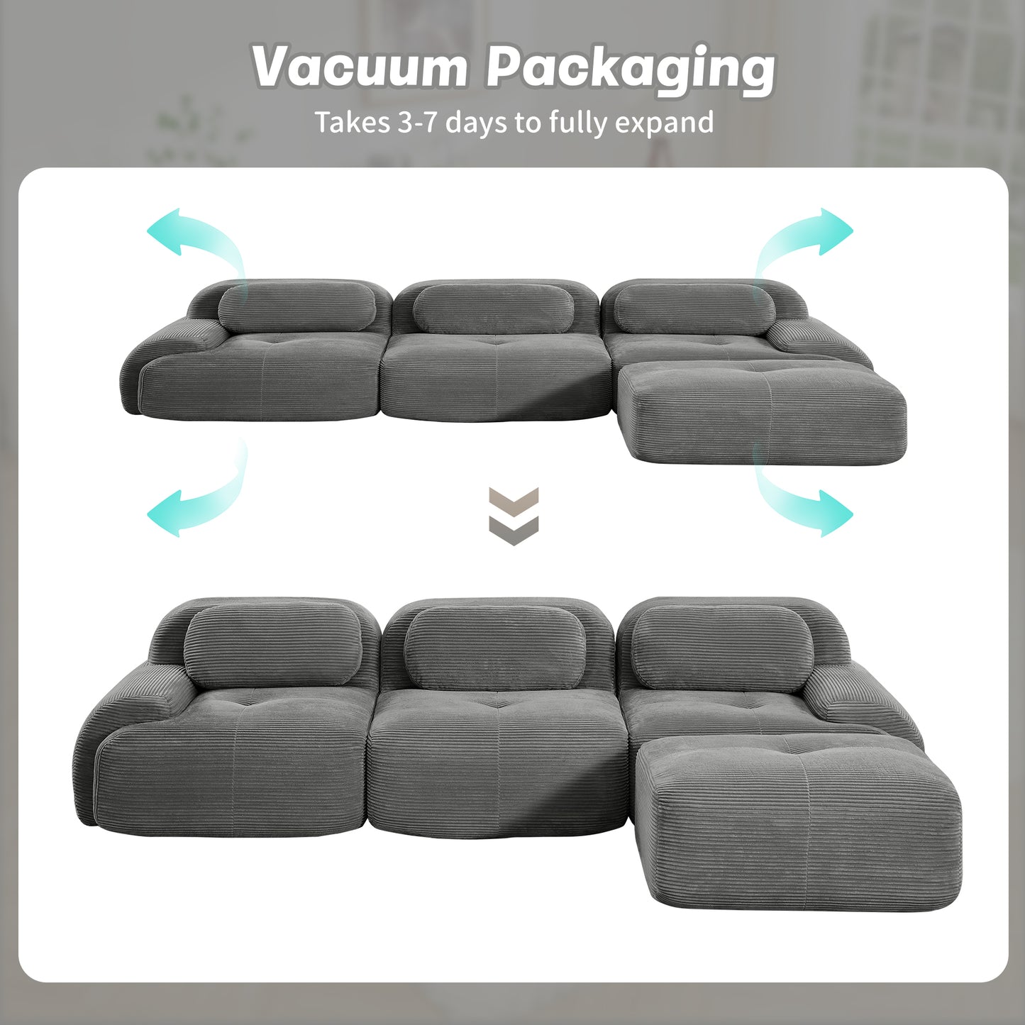 L-shaped modular sofa no assembly ergonomic design pet-friendly luxuryCorduroy Fabric fabric extra-wide curved armrests 32D high-resilience sponge for living rooms bedroom,Grey image 12