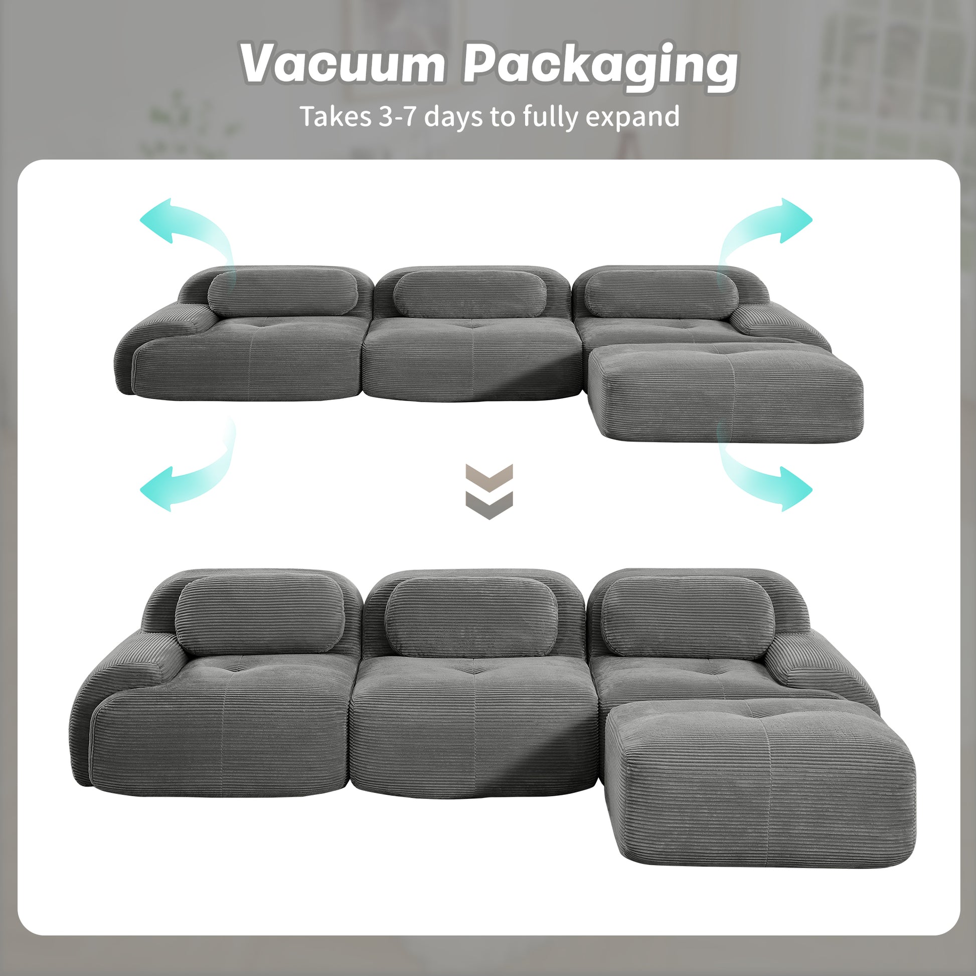 L-shaped modular sofa no assembly ergonomic design pet-friendly luxuryCorduroy Fabric fabric extra-wide curved armrests 32D high-resilience sponge for living rooms bedroom,Grey image 12