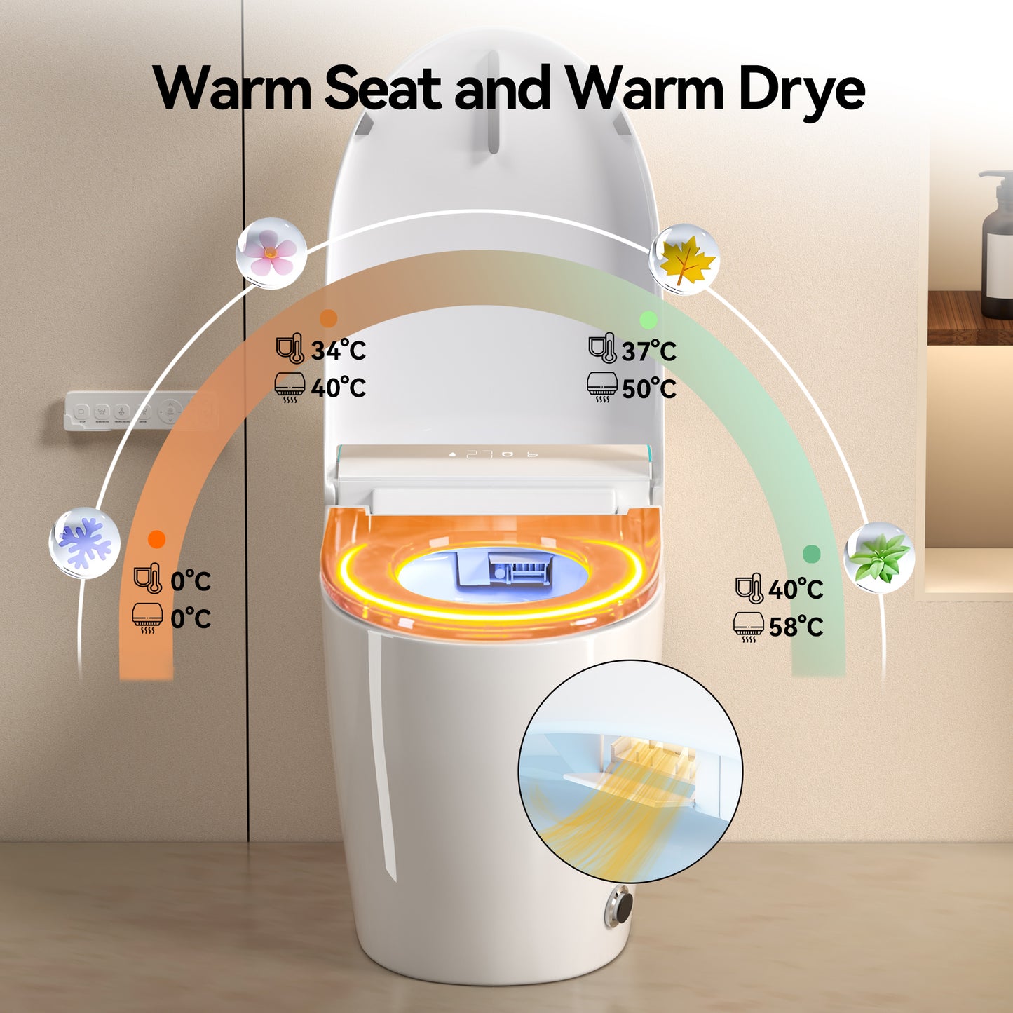 Unique Smart Toile, One Piece Toilet with Bidet Built In,Intelligent Toilet Auto Open/Close Seat. Bidet toilet with Dryer and Warm Water.WHITE image 7