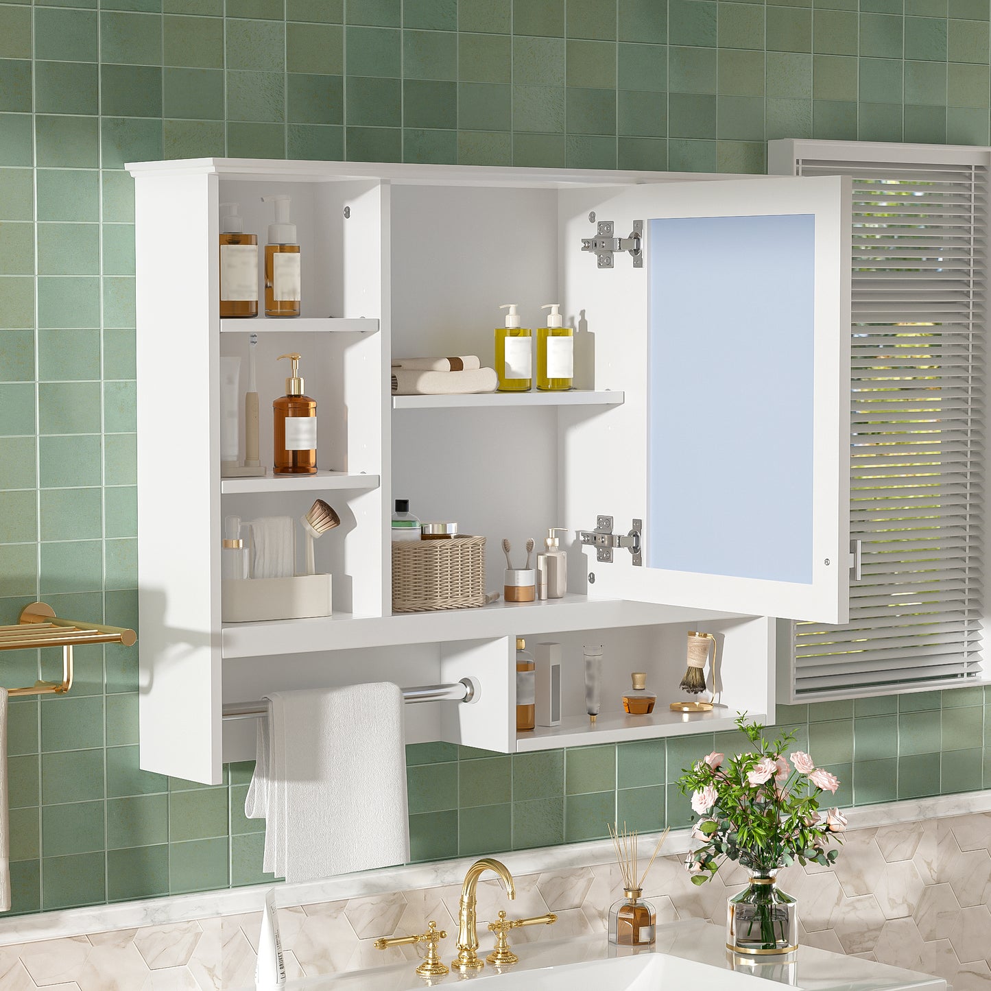 35 inch Wall-Mount 2-in-1 Mirror Cabinet with Adjustable Shelves, Soft-Closing Hinges, Open Shelves, for Bathroom Vanity, Living Room, Bedroom Storage Organizer image 2