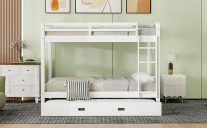 Wood Queen Size Bunk Bed with Ladder and Trundle, White image 6