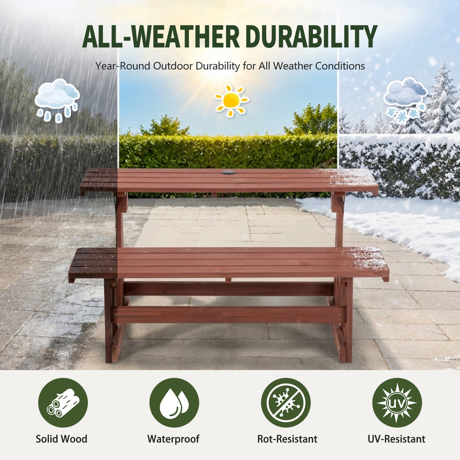 2-in-1 Convertible Bench Picnic Table, Outdoor Folding Dining Set with Backrest & Umbrella Hole, Solid Wood Waterproof & UV Resistant – For Backyard, Patio, Garden, Park Walkway image 4