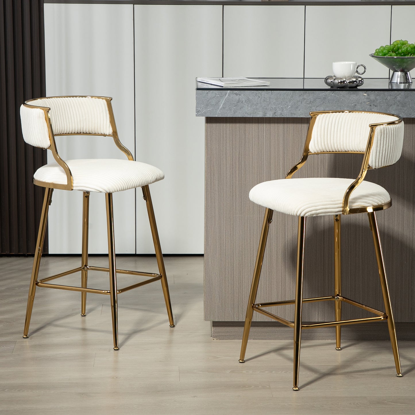 (SET of 2) 26'' Counter height bar stools Corduroy kitchen island counter bar stool with back,golden chromed base and footrest (BEIGE) image 1