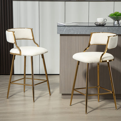 (SET of 2) 26'' Counter height bar stools Corduroy kitchen island counter bar stool with back,golden chromed base and footrest (BEIGE) image 1