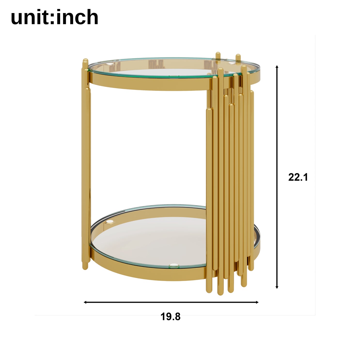 Modern Transparent Glass End Table for Living Room, Round, Asymmetrical Metal, Gold Finish & Lower Shelf, 19.8" image 11