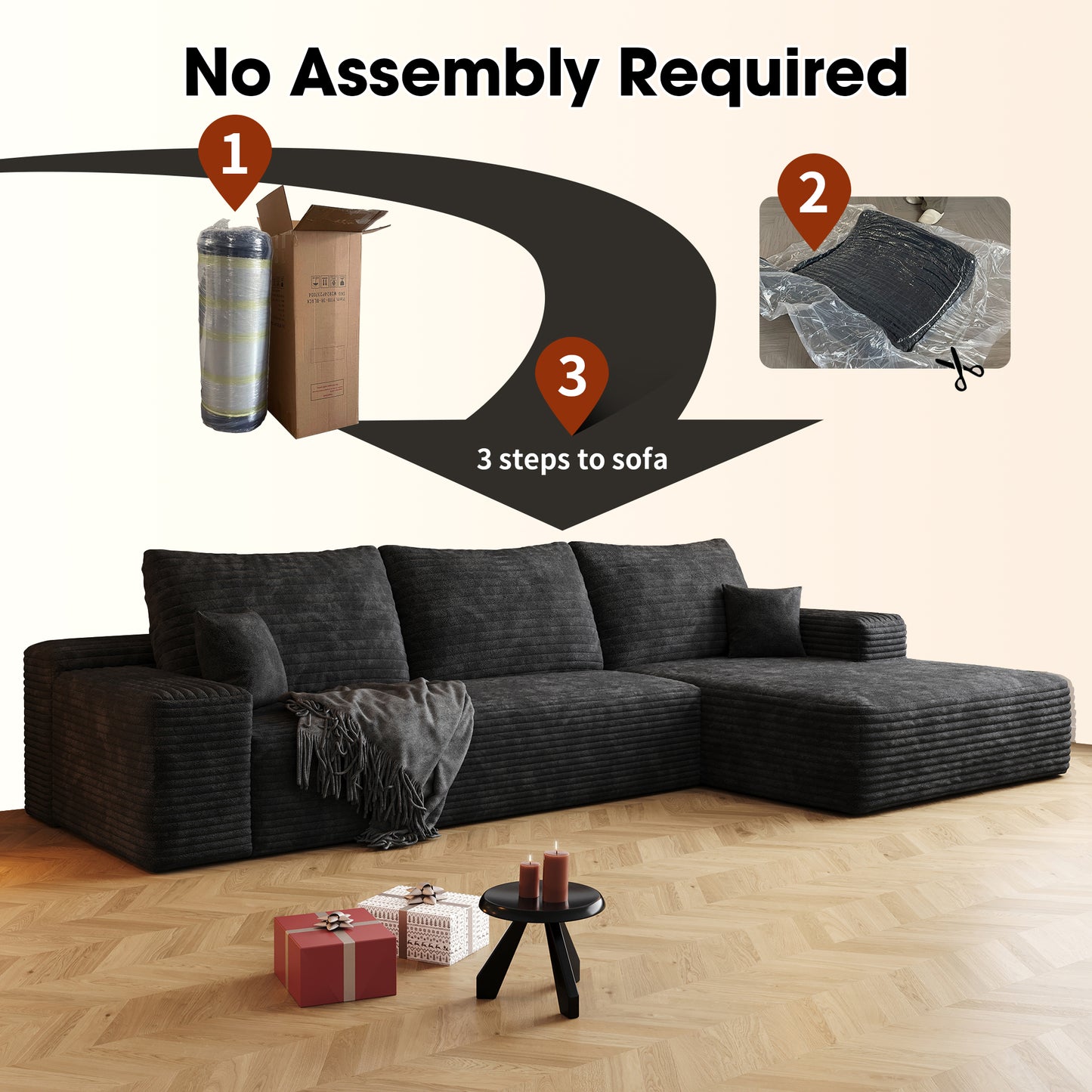 107" Cloud Sectional Couch with L-Shape Chaise,Modern Modular Sofa with Deep Seat, Upholstered Couches for Living Room Bedroom,No Assembly Required, BLACK(Plush Corduroy Fabric),Black image 4