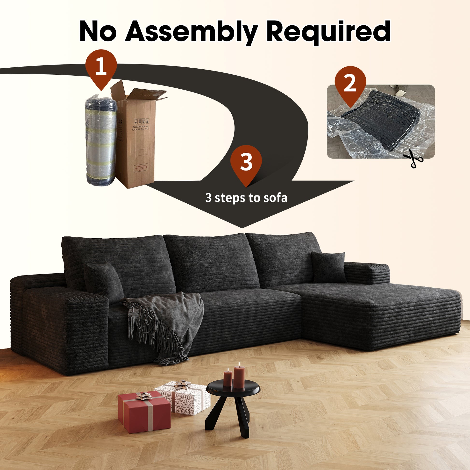 107" Cloud Sectional Couch with L-Shape Chaise,Modern Modular Sofa with Deep Seat, Upholstered Couches for Living Room Bedroom,No Assembly Required, BLACK(Plush Corduroy Fabric),Black image 4