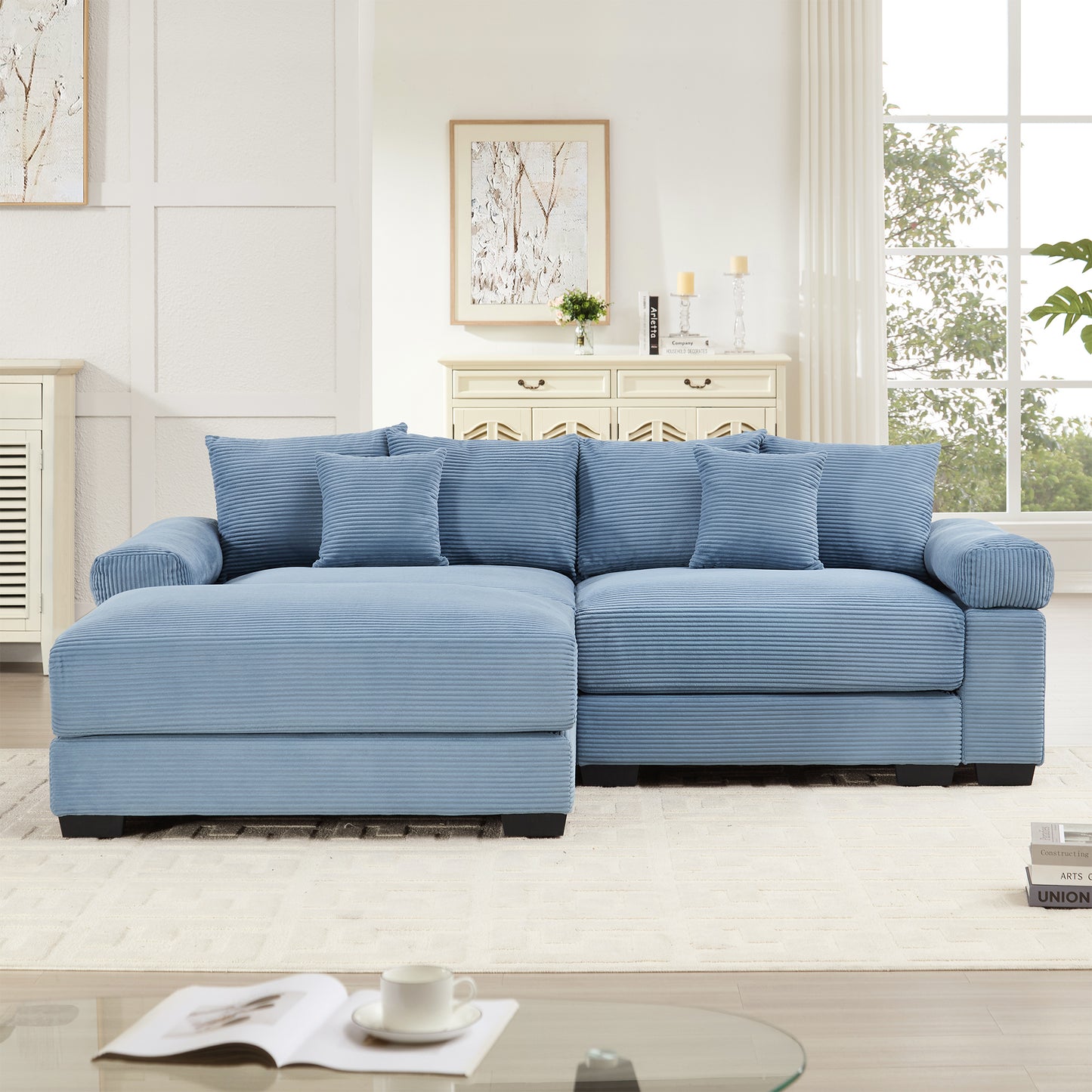 82.6" Oversized Cloud Modular L-Shape Sectional Couch,Soft Corduroy Fabric, With An Ottoman,Deep Seat Wide Armrests, Ergonomic Design,6 Throw Pillows, Easy Assembly,For Living Rooms, Lounges,Blue image 3