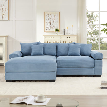 82.6" Oversized Cloud Modular L-Shape Sectional Couch,Soft Corduroy Fabric, With An Ottoman,Deep Seat Wide Armrests, Ergonomic Design,6 Throw Pillows, Easy Assembly,For Living Rooms, Lounges,Blue image 3