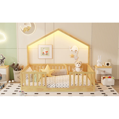 Full Floor Bed with High Rails, Wooden Montessori Bed with Light for Kids, Boys and Girls,Natural(Old SKUW2593P440609 Expect Arrival Date 2026/6/30) image 5