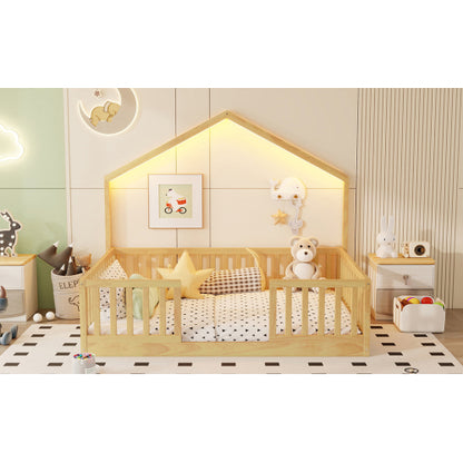 Full Floor Bed with High Rails, Wooden Montessori Bed with Light for Kids, Boys and Girls,Natural(Old SKUW2593P440609 Expect Arrival Date 2026/6/30) image 5