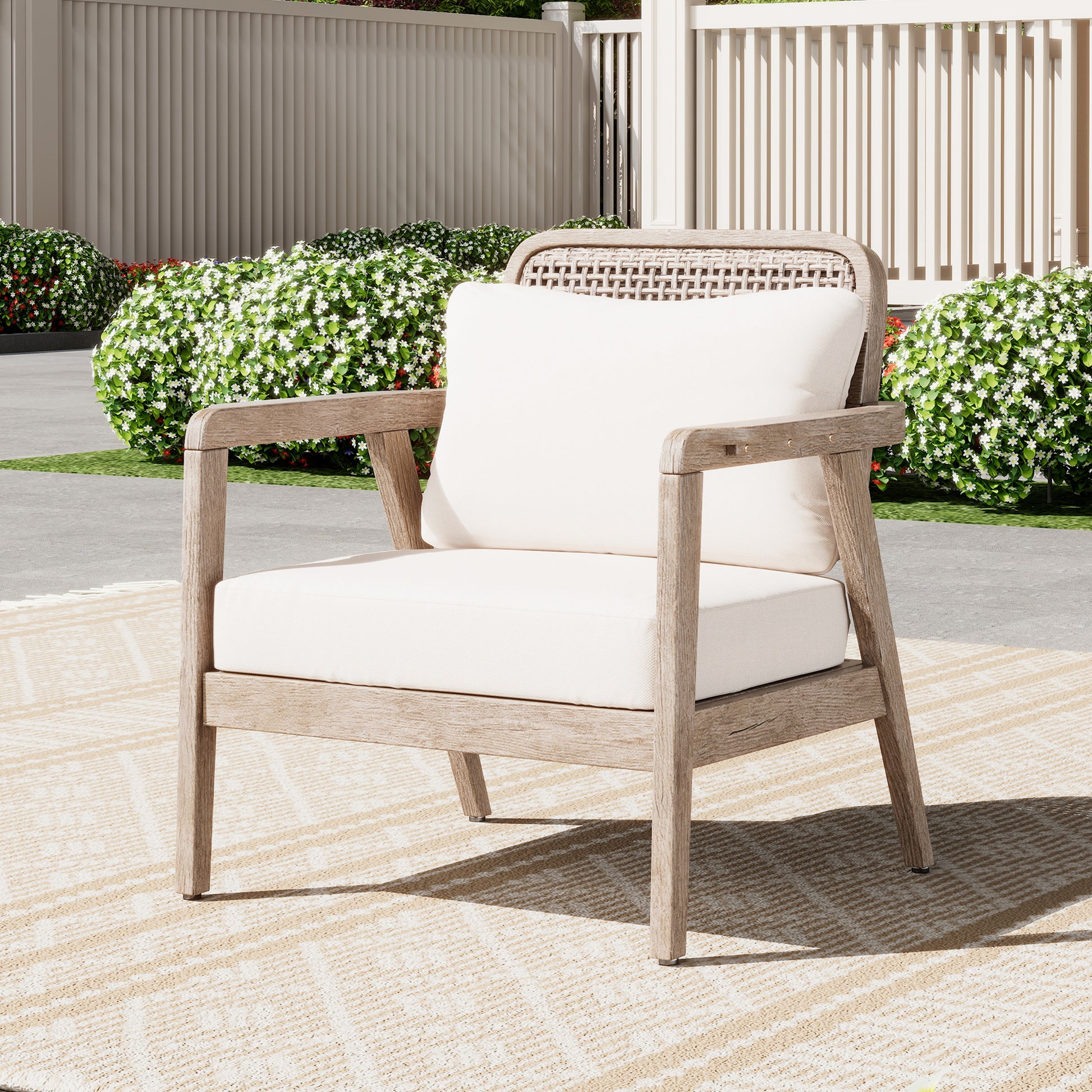Outdoor Acacia Wood Patio Club Chair, Patio Furniture,Waterproof Thick Cushion Deep Seating for Porch, Garden, Backyard, Balcony, Weight Capacity 400lbs, Light Brown finish, Cream cushion image 3