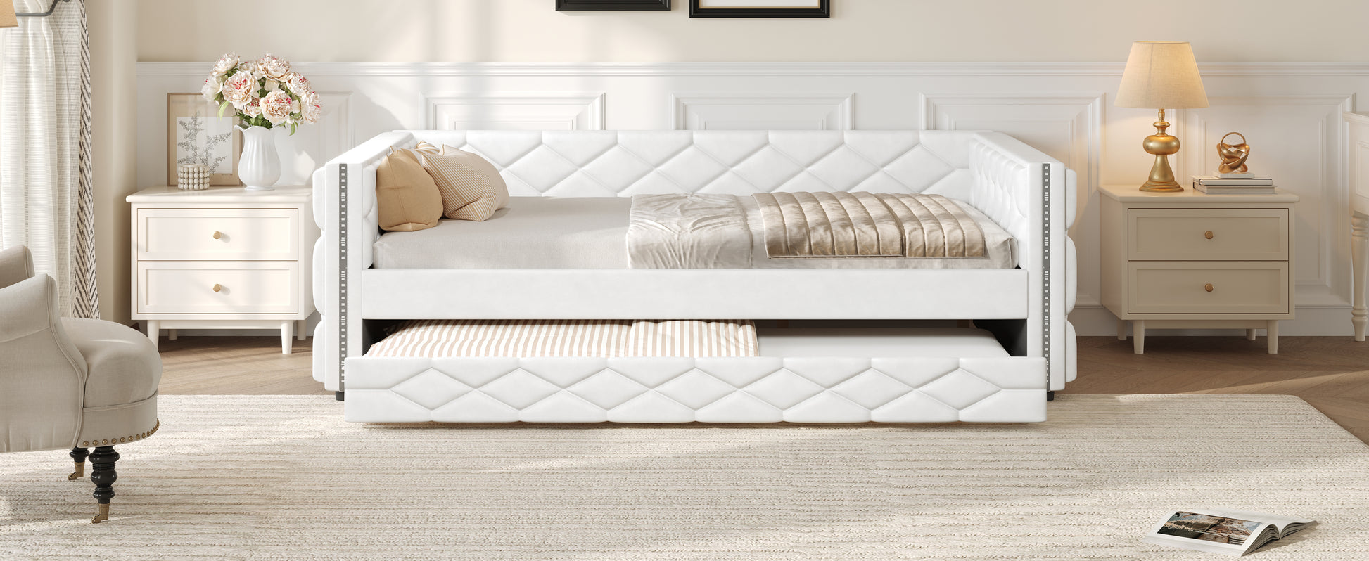 Full XL Size Upholstered Daybed with Trundle and LED, White image 7
