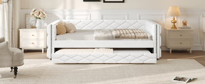 Full XL Size Upholstered Daybed with Trundle and LED, White image 7