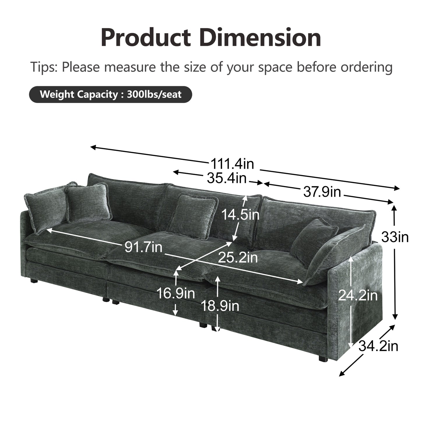 Mid-Century Modern Couch 3-Seater Sofa with 2 Armrest Pillows and 3 Toss Pillows, Couch for Living Room Gray Chenille image 5