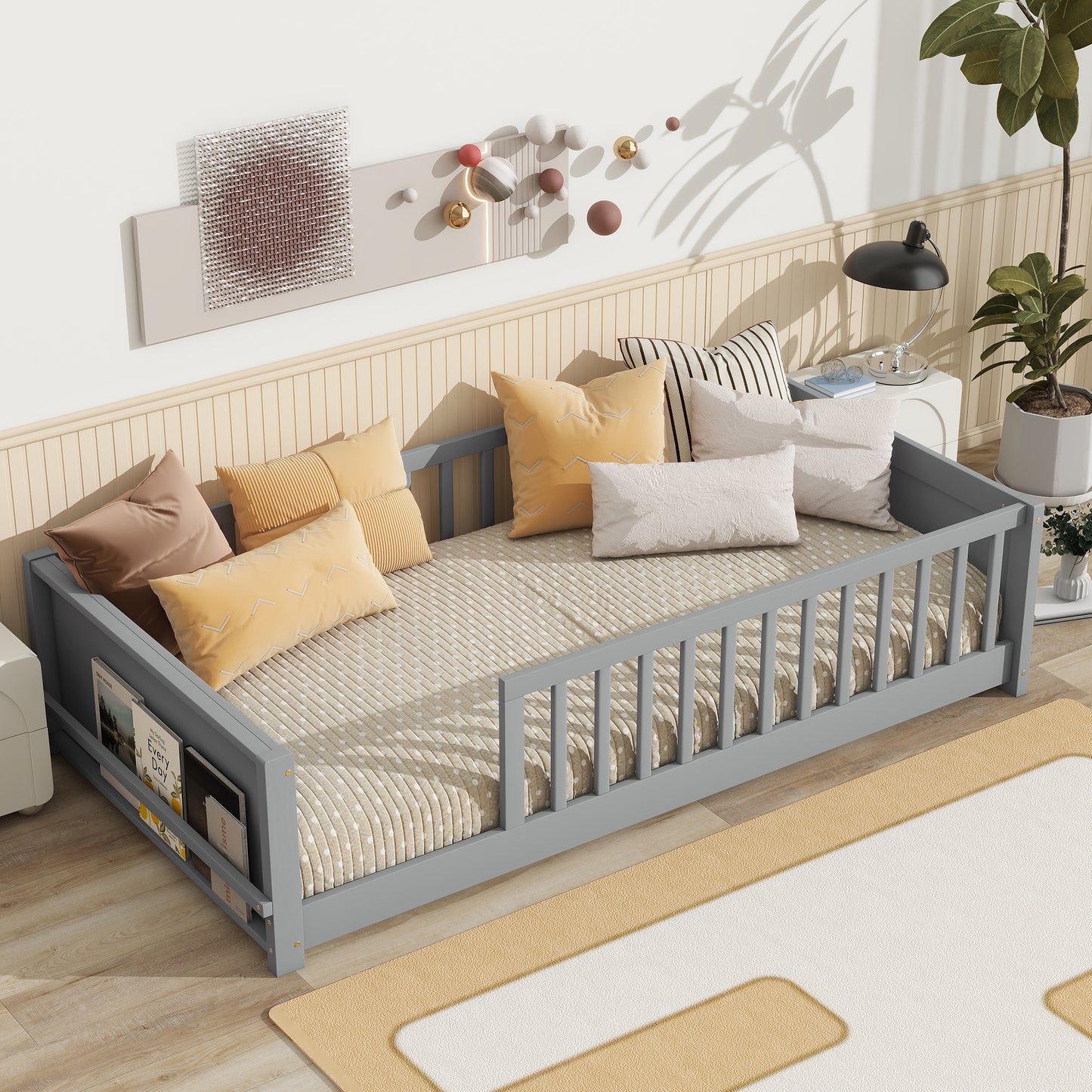 Twin size Floor Platform Bed with Built-in Book Rack,Grey(Old Sku:W504P143306) image 11