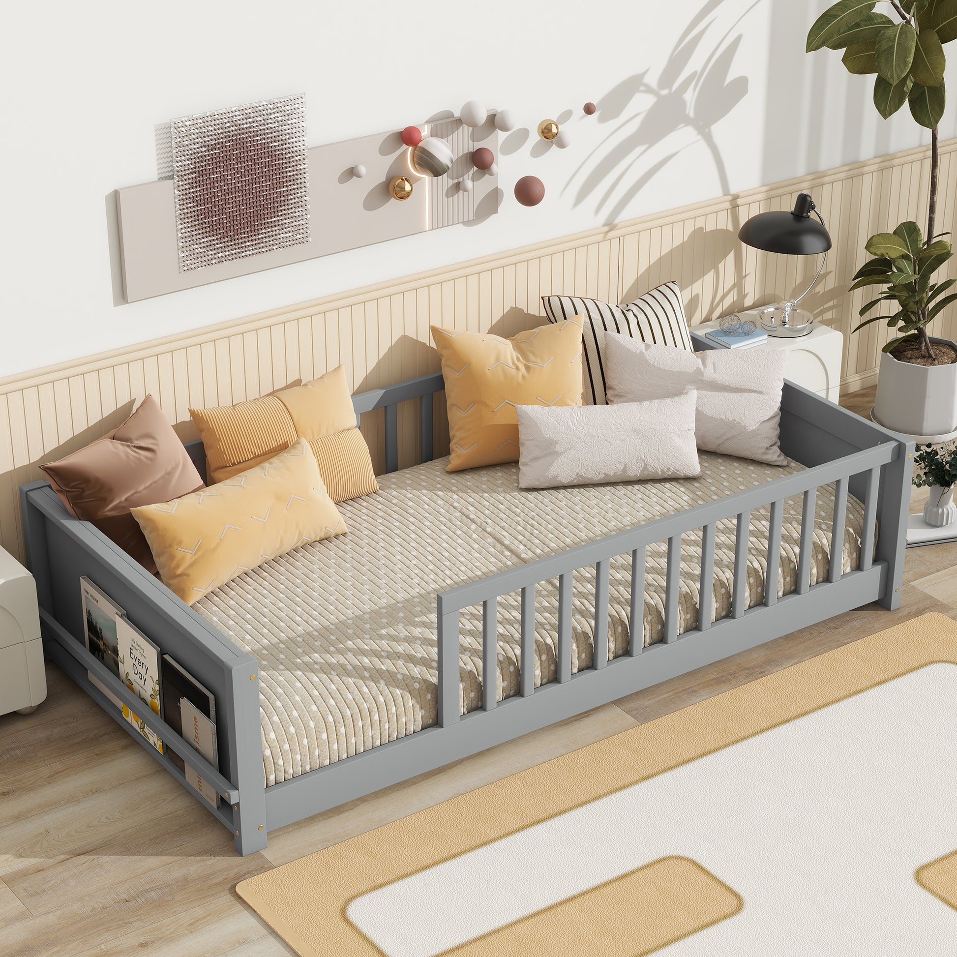Twin size Floor Platform Bed with Built-in Book Rack,Grey(Old Sku:W504P143306) image 11