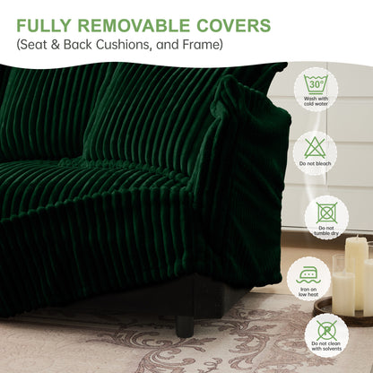 Slipcovered Sofa 2 Seater Sofa With 2 Ottomans, 2 Seater Sleeper Sofa Bed Home Theater Oversized Sofa For Living Room, Corduroy, Green image 8