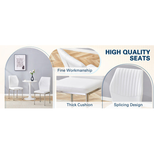 Luxury Simple Chair - Set of 4 White PU Material High Resilience Dining Chair with Metal Silver Leg.The Chair Back Has a Vertical Stripe Design With Smooth And Uniform Lines. image 9