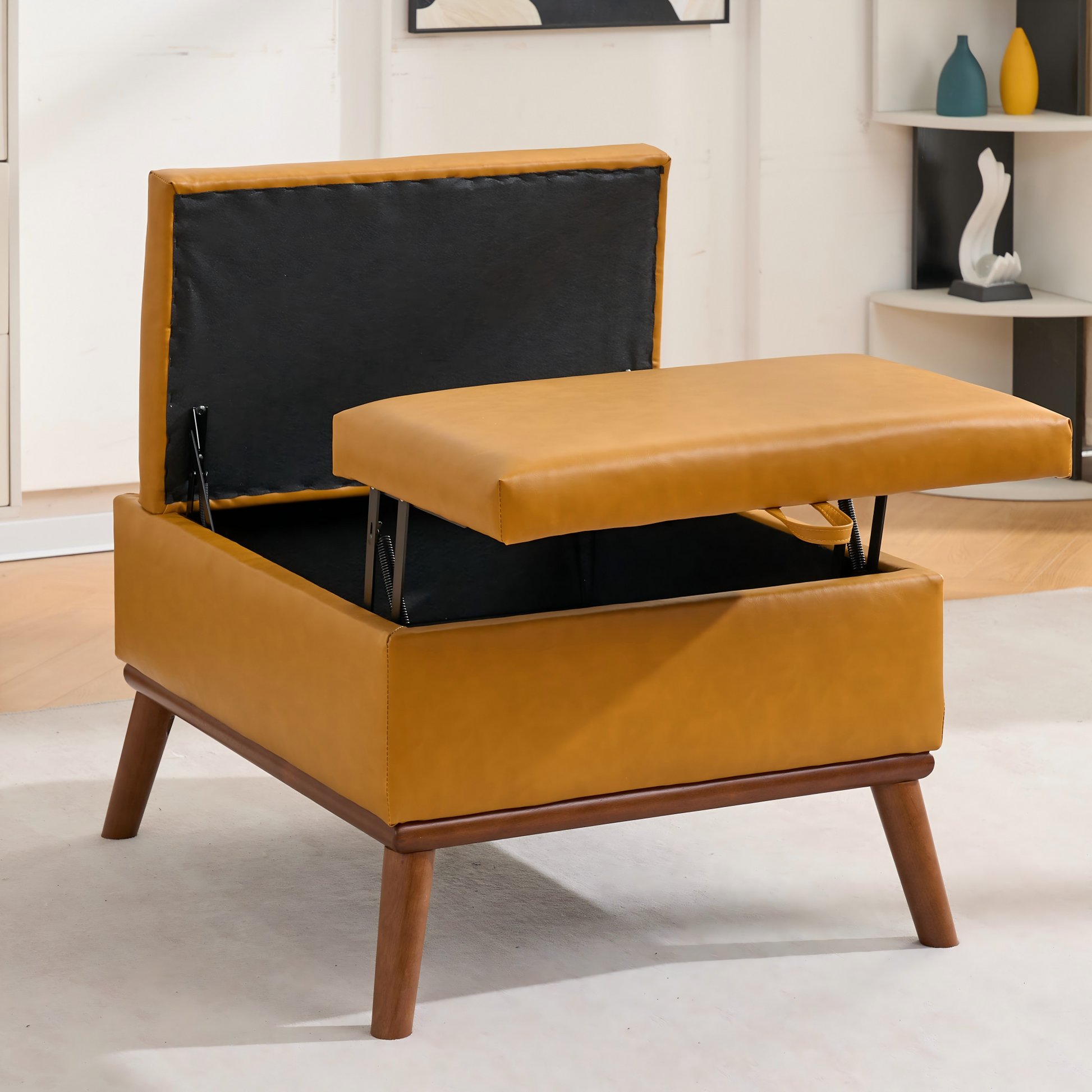 Large Ottoman with Storage, 31" Mid Century Modern Rectangle Coffee Table with Lid Lifting Function, High Wooden Legs, Oversized Storage Ottomans for Living Room, Office, Orange image 2
