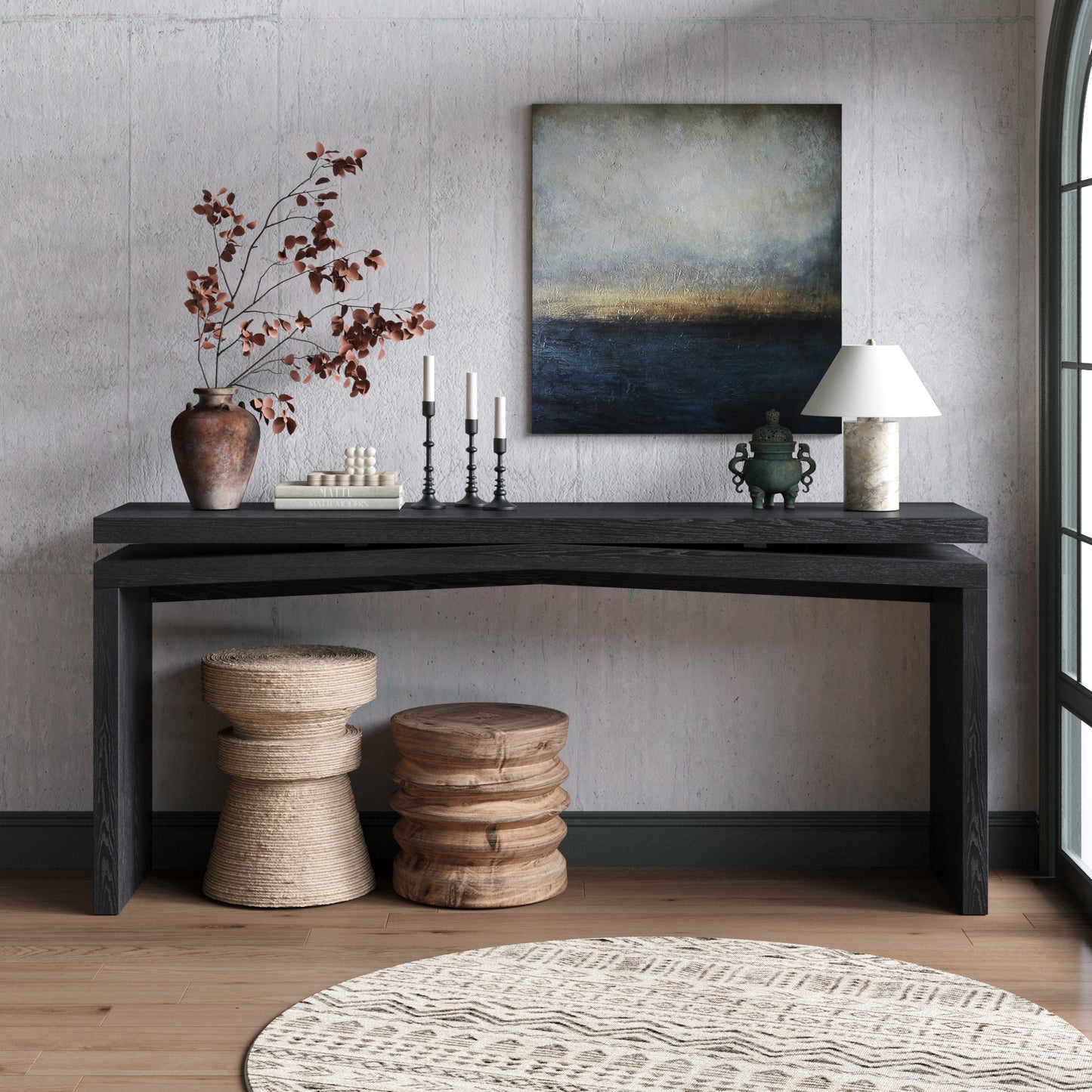 65-Inch Rustic Solid Wood Veneer Console Table, Long Farmhouse Entryway Sofa Table for Living Room, Hallway, Behind Couch, Apartment, Black image 1