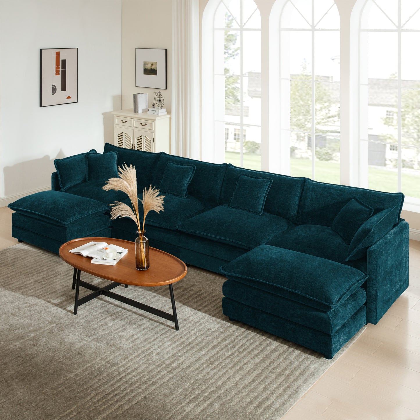 Comfort U Shaped Couch with Reversible Chaise, Modular Large U-Shape Sectional Sofa, Double Extra Ottomans,Blue Chenille image 1