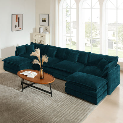 Comfort U Shaped Couch with Reversible Chaise, Modular Large U-Shape Sectional Sofa, Double Extra Ottomans,Blue Chenille image 1