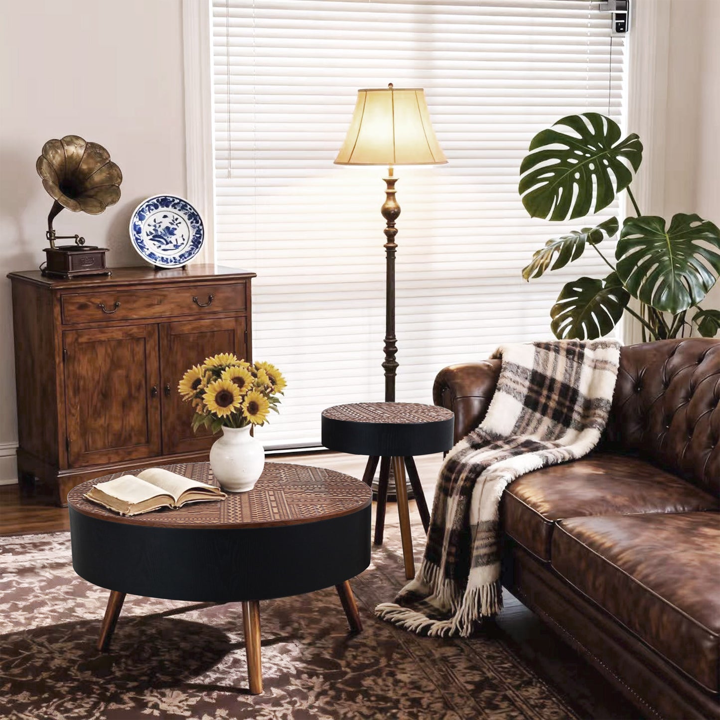 31.5" Round Carved Coffee Table with Storage Space, Mid-Century Modern Wooden Tea Table for Living Room, Apartment, Office,Brown+ Black. image 10
