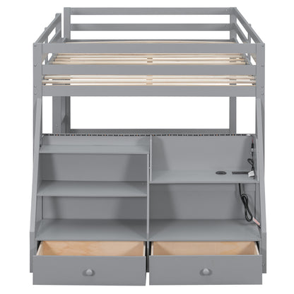 Full Bunk Bed with APP-Controlled LED Lights (7 Colors), USB Ports, Storage Shelves and 2 Drawers,Gray image 7