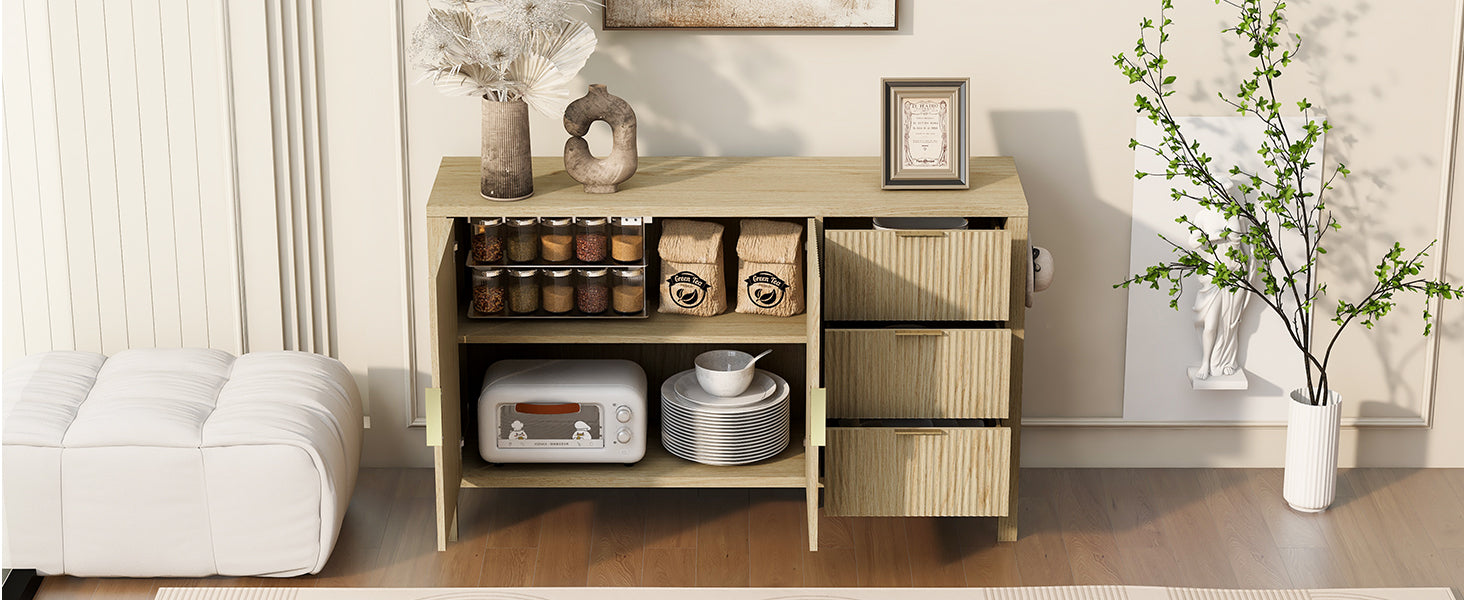 U-Style Modern Wave-Pattern Sideboard with 3 Drawers, Large Storage Buffet Cabinet with Hooks and Extra Center Leg,Suitable for Living Room,Entryway,Hallway. image 7