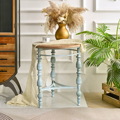 Easy Assembly 20.08" Accent Rustic Wooden Carved Coffee Table, Round Wooden Top Metal Leg Round End Table For Living Room image 4