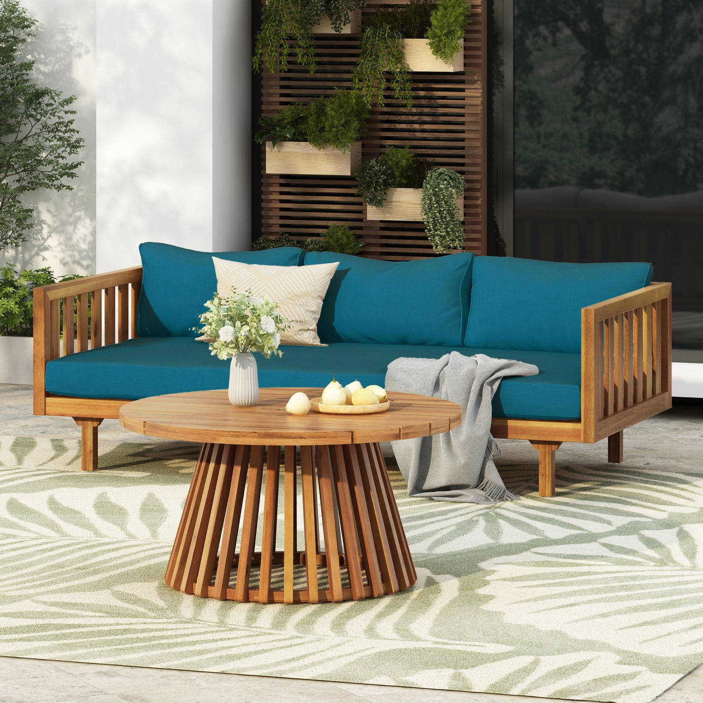 Acacia Wood Patio Furniture Set,Outdoor 3 Seater Daybed(with Water Resistant Thick Cushions)and Round Coffee Table, Dark Teal Cushion image 1
