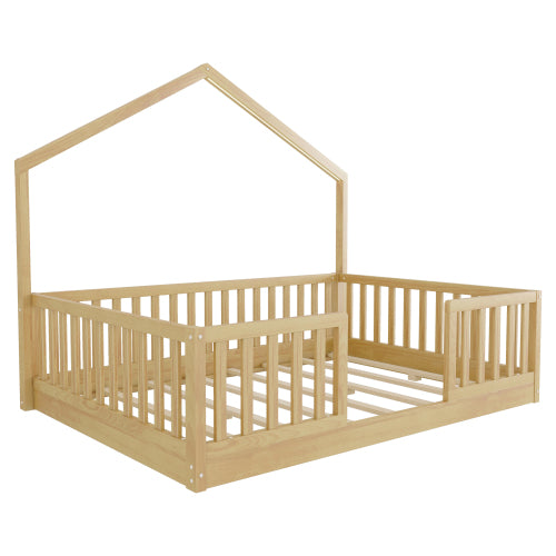 Full Floor Bed with High Rails, Wooden Montessori Bed with Light for Kids, Boys and Girls,Natural(Old SKUW2593P440609 Expect Arrival Date 2026/6/30) image 11