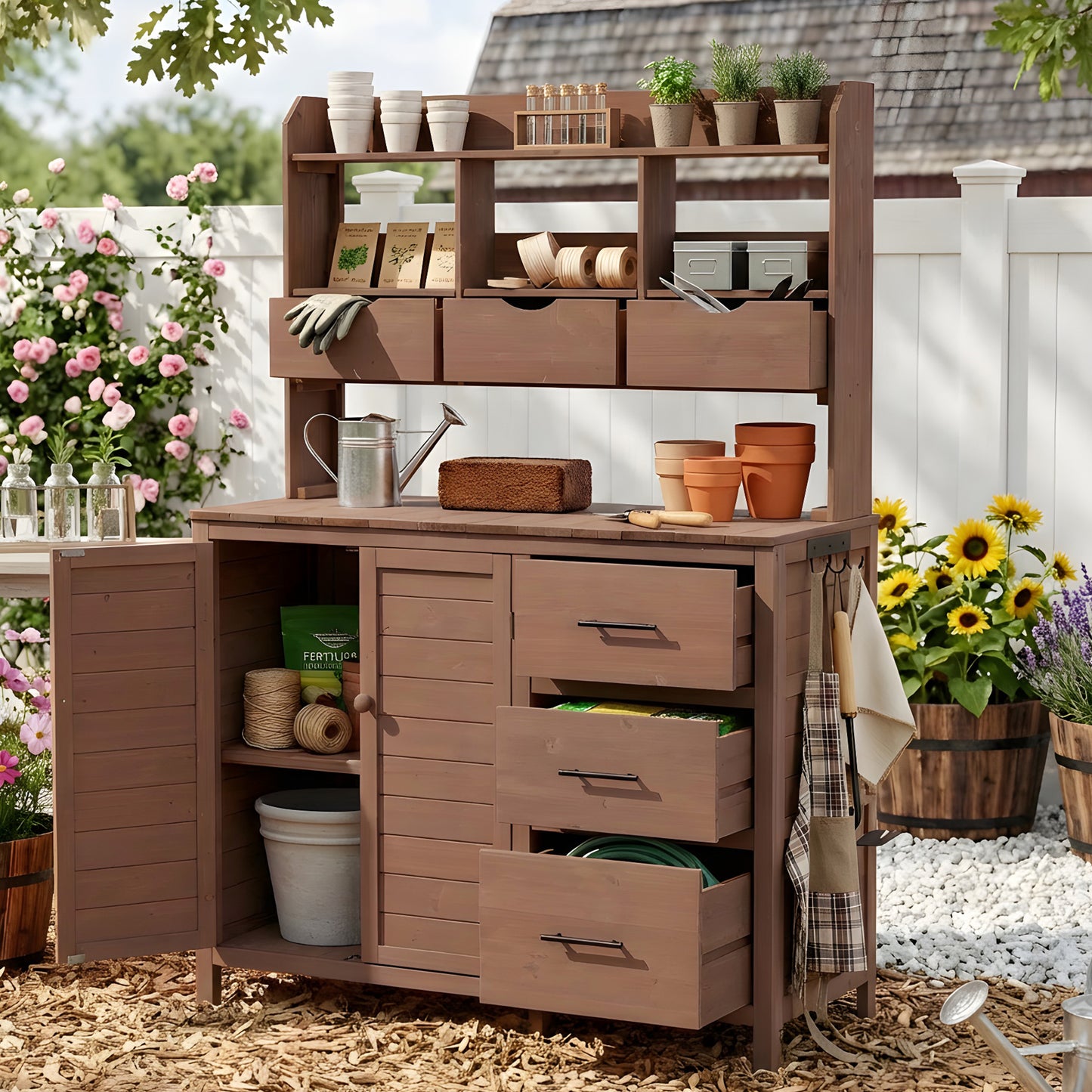 (With Assembly Video) TOPMAX Farmhouse Patio Potting Bench, 44.6''x19.5'' Large Freestanding Garden Workstation with 6 Drawers, Bottom Cabinet and Side Hook, Outdoor Kitchen Island, Brown image 1