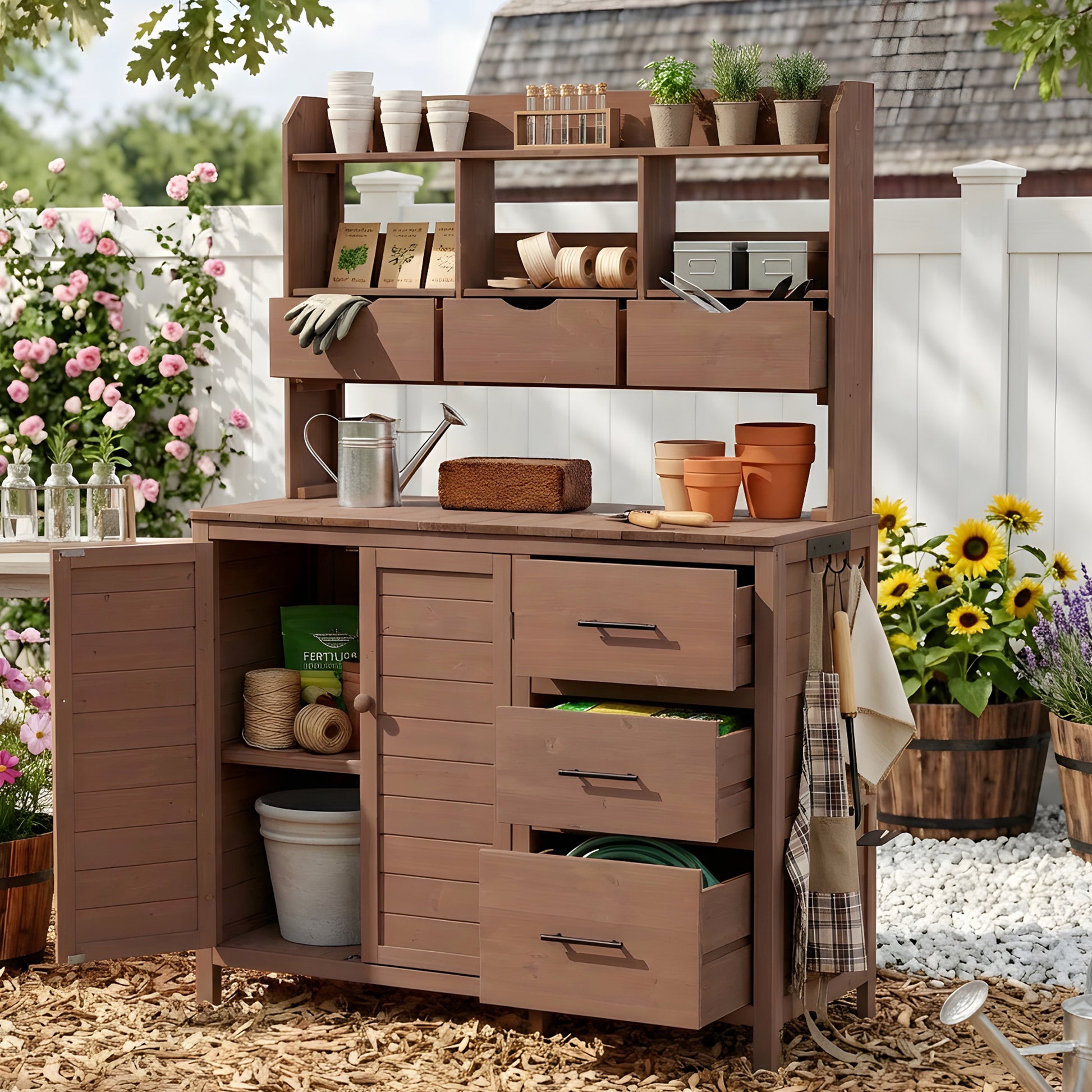 (With Assembly Video) TOPMAX Farmhouse Patio Potting Bench, 44.6''x19.5'' Large Freestanding Garden Workstation with 6 Drawers, Bottom Cabinet and Side Hook, Outdoor Kitchen Island, Brown image 1