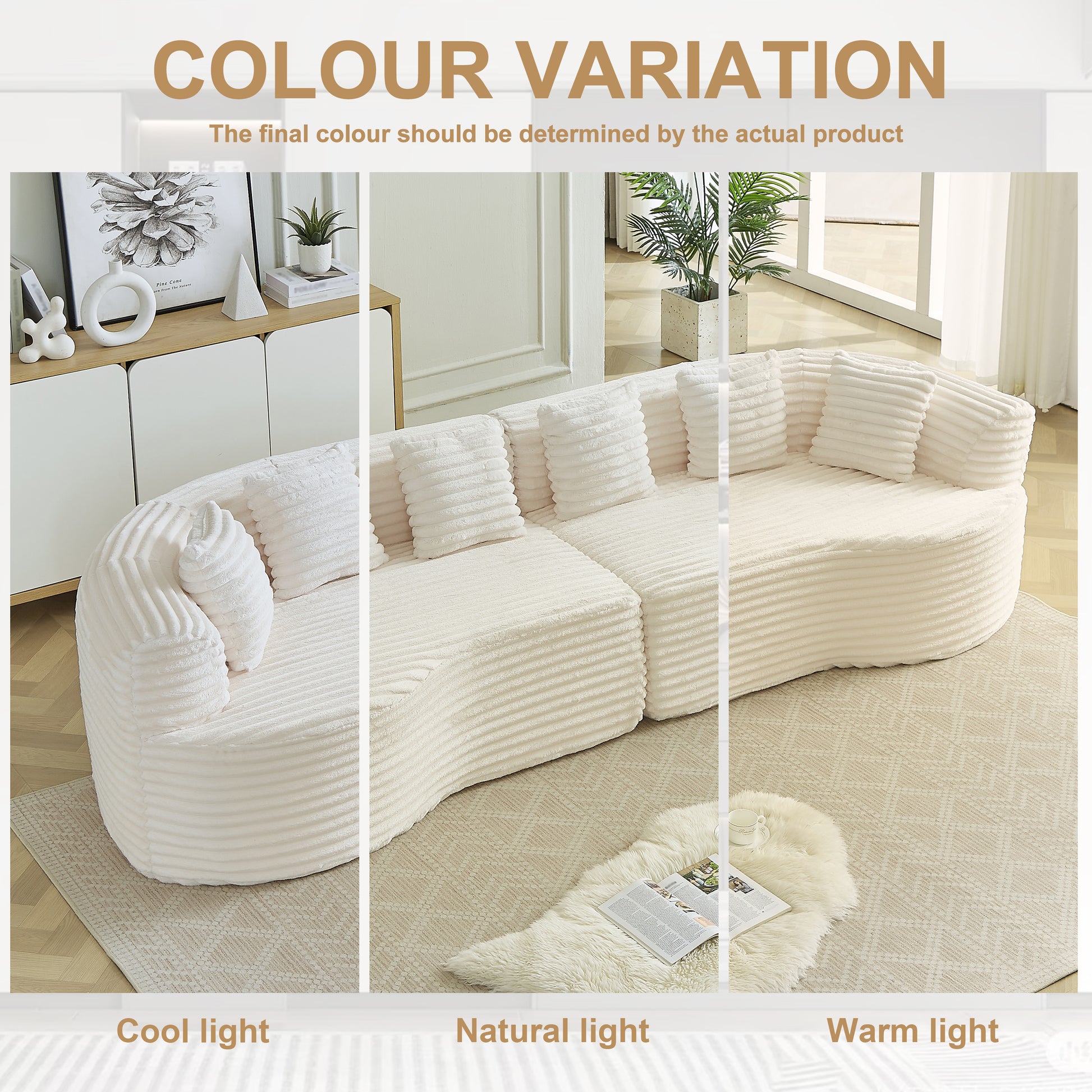 Curved Sectional Sofa, 111.5-inch Oversized Modern Bone-Free Cloud Sofa with 6 Pillows Luxury Corduroy Four-Seater Memory Foam Sofa with Deep Seat Design,beige W3505P355585 image 6