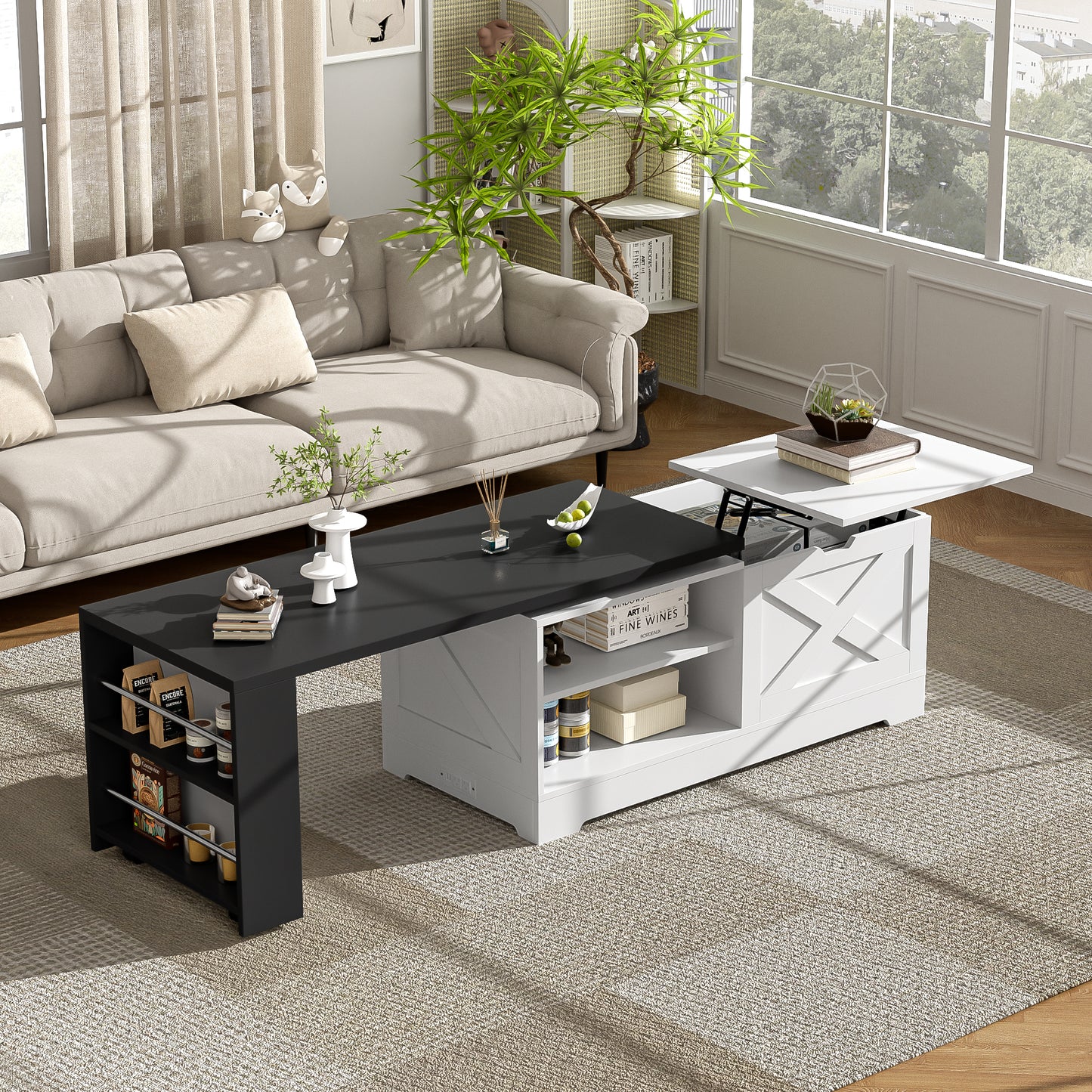 U-Can Farmhouse Lift Top Coffee Table With Barn Doors, Wood Rectangle Center Table With Large Hidden Storage Space And Open Cabinet, For Living Room, Bedroom, Home Office image 3