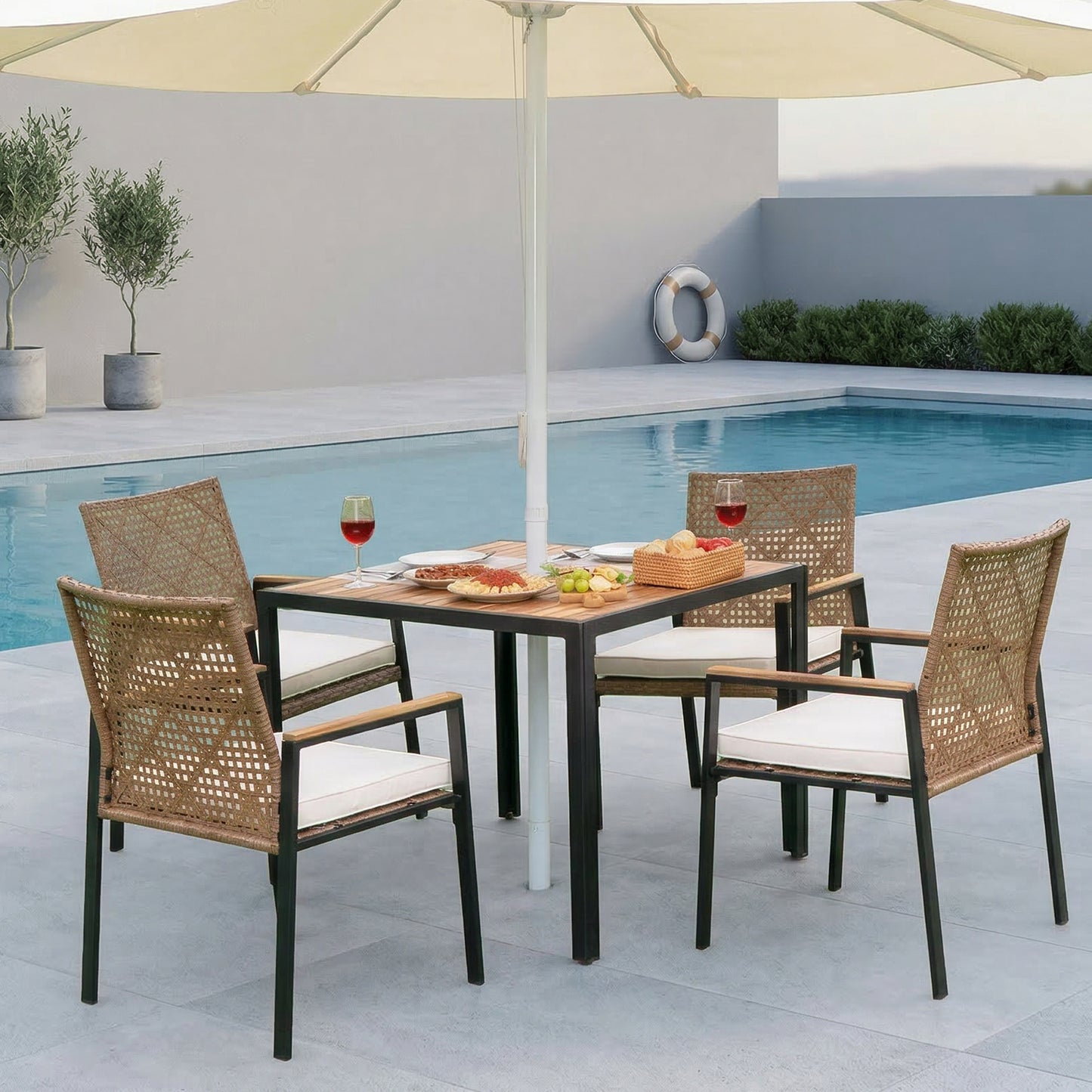 All Weather 5-Piece Patio Dining Table Sets, Patio Conversation Set Acacia Wood Table Top with Umbrella Hole, Rattan Outdoor, Yellow Color image 1