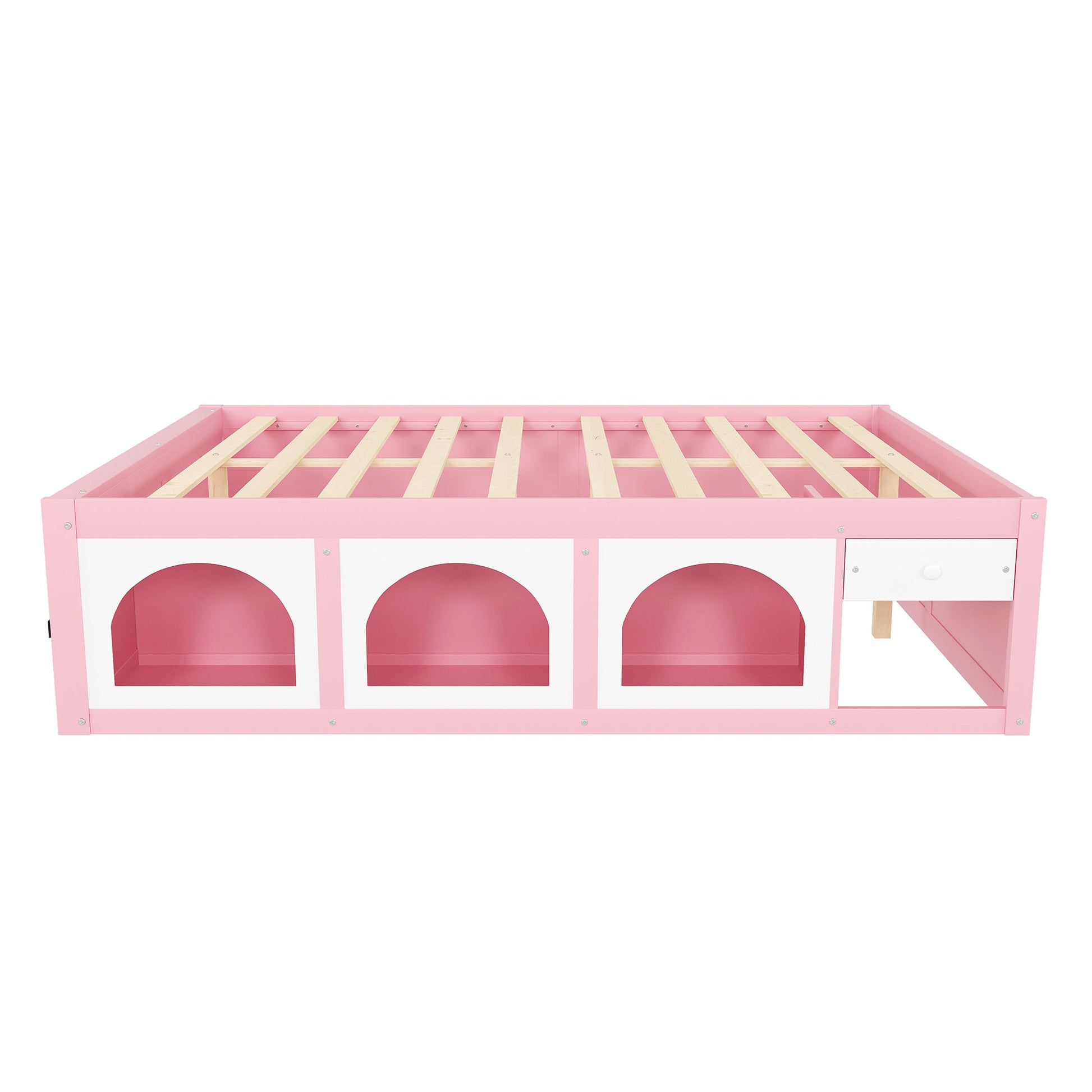 Queen Size Wooden Platform Bed with Bookshelf, Display Cabinet, LED Light and Drawer, Pink+White image 12