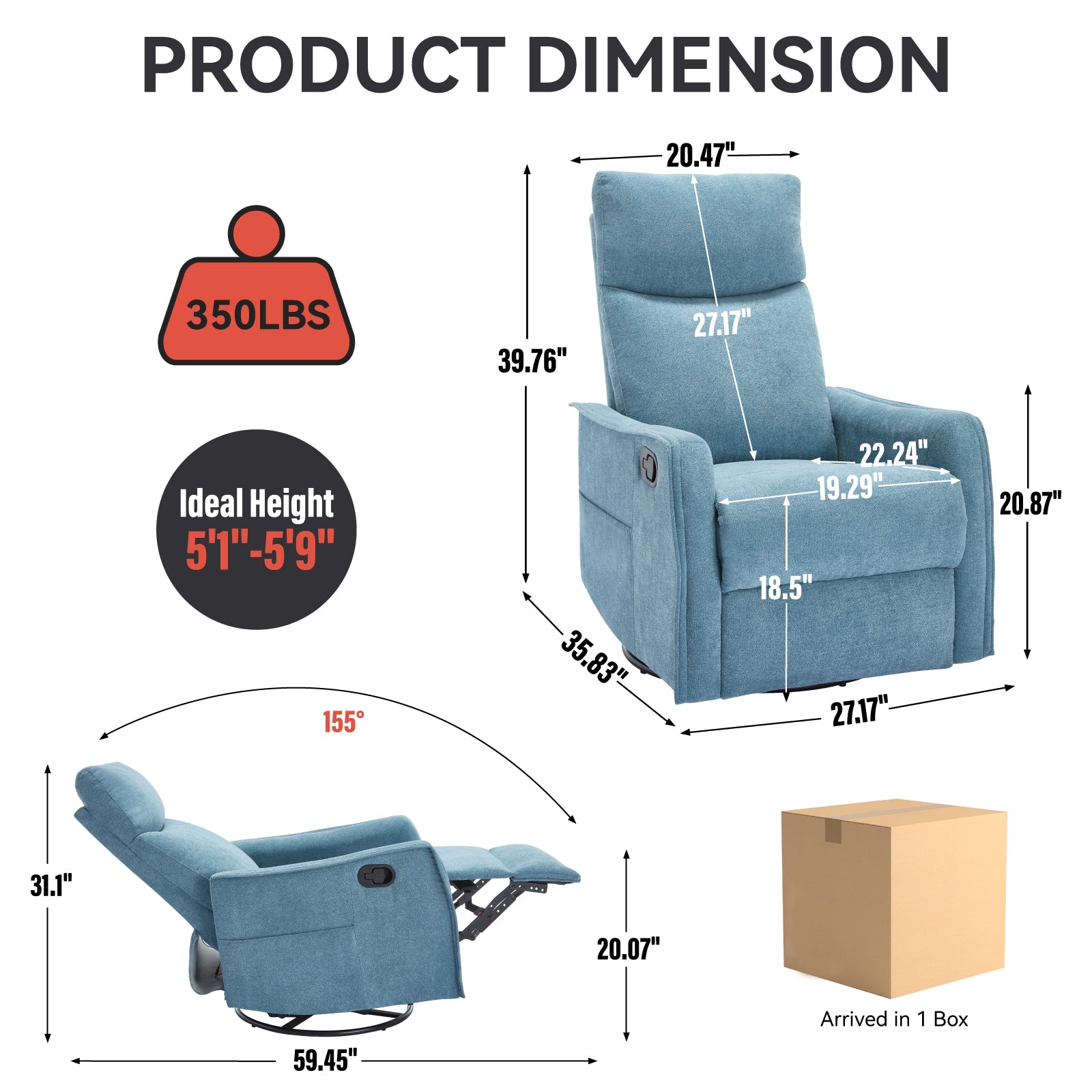Heat Massage Manual Recliner Chair with Rocker and Swivel in Fabric for Living Room, Blue image 2