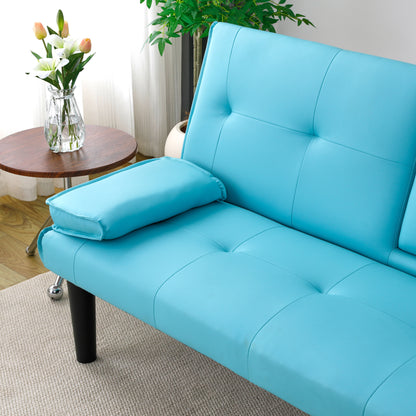 The 67-inch blue PVC multi-functional sofa bed, with a foldable and cup holder design, makes it extremely convenient to turn the living room into a guest room image 5