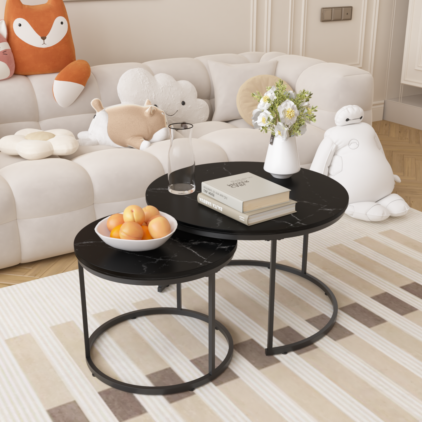 27.6" Nesting Coffee Table Set of 2, Round Coffee Table Wood Marble Pattern Top with Sturdy Metal Frame, End Table Side Tables for Living Room Bedroom Balcony Yard (Black) image 10
