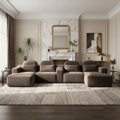 Modern coffee corduroy 6-seater U-shaped sofa with lounge chair and cup holder -145.7 inch oversized modular compression sofa, suitable for home theaters, luxury living spaces, tool free assembly image 1