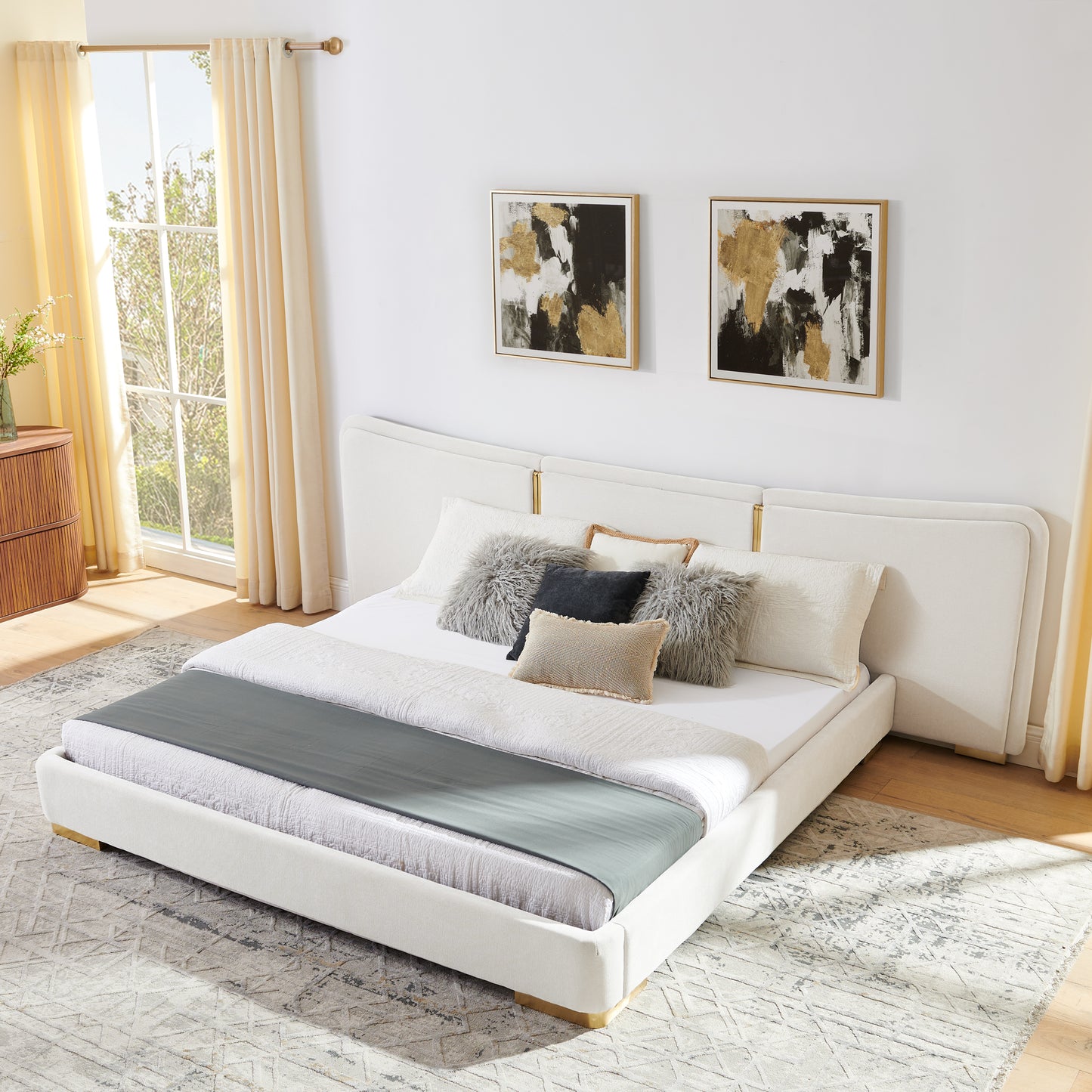 King Size Extra Large Platform Bed, Soft Chenille Fabric Frame, Curved Headboard, Reinforced Electroplated Metal Legs, Flexible DIY Side Space Design-Beige image 3